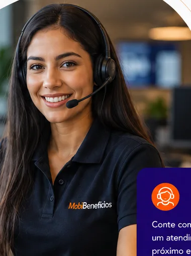 Atendente da Mobi Benefícios com headset, pronta para atender